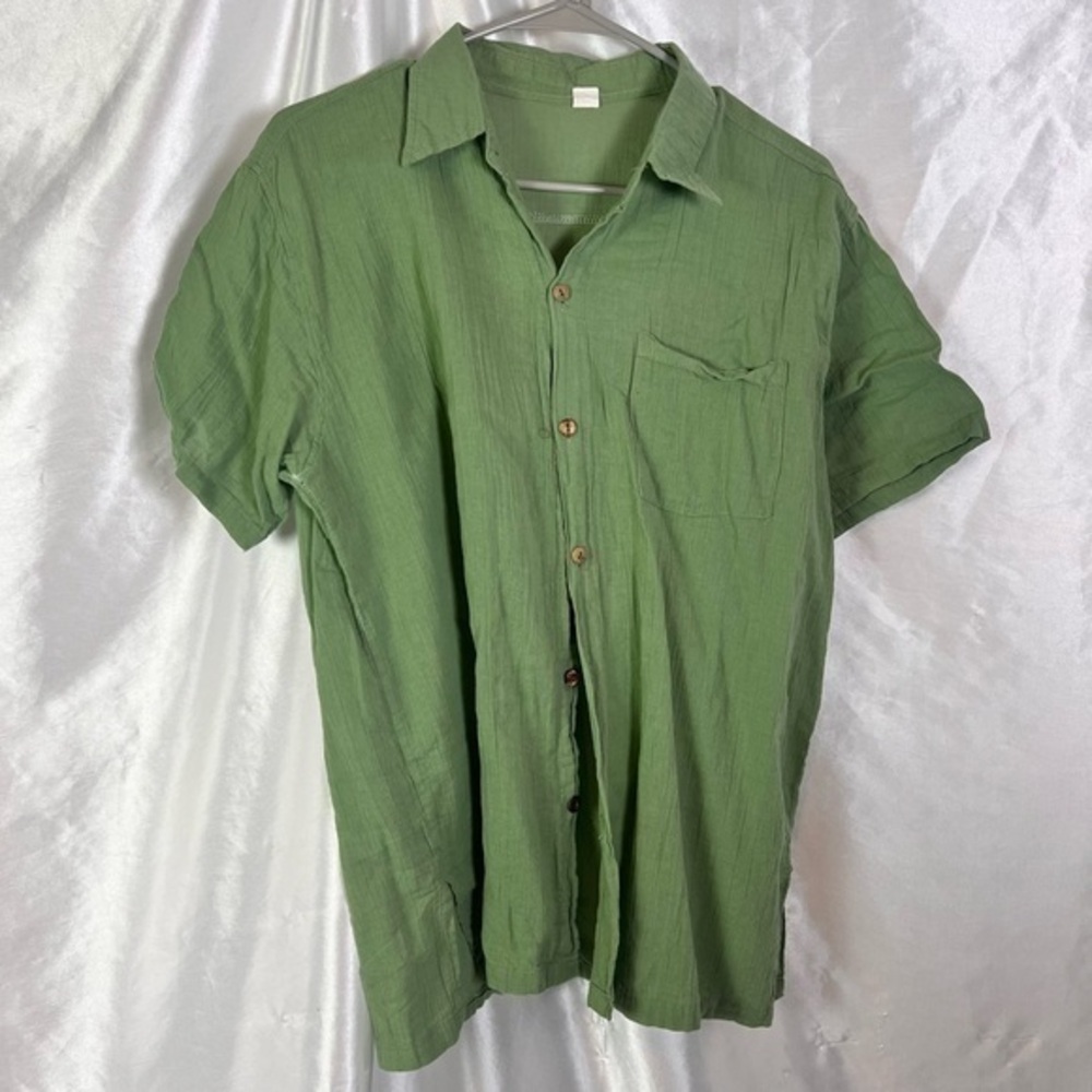 Vintage-Inspired Green Cotton Button-Down Shirt – Relaxed Fit, Cottagecore Top L